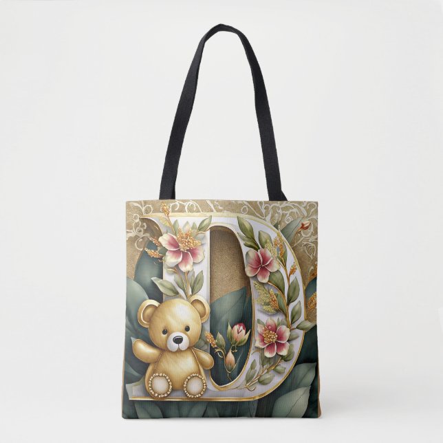 FLoral Teddy Bear letter D Tote Bag (Front)