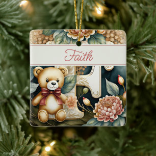 FLoral Teddy Bear letter F personalised Ceramic Ornament