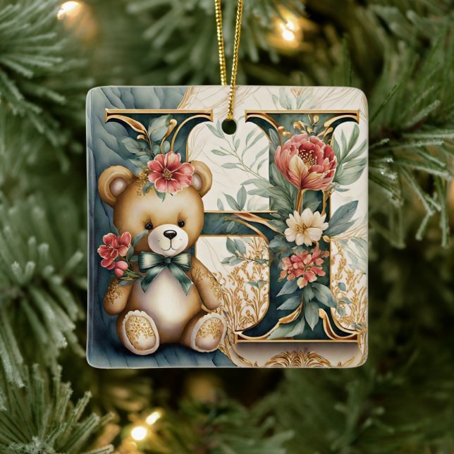 FLoral Teddy Bear letter H Ceramic Ornament (Tree)