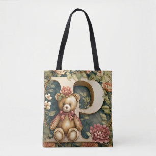 FLoral Teddy Bear letter P Tote Bag