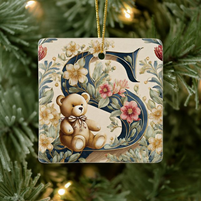FLoral Teddy Bear letter S Ceramic Ornament (Tree)