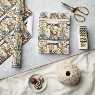 FLoral Teddy Bear letter T Wrapping Paper