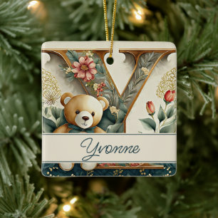FLoral Teddy Bear letter Y personalised Ceramic Ornament