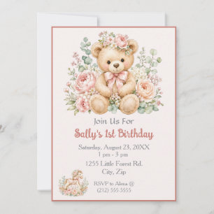 Floral Teddy Bear Pastel Design Custom Birthday Invitation