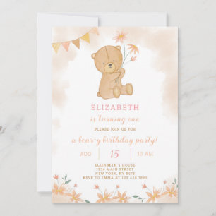 Floral Teddy Birthday Invitation