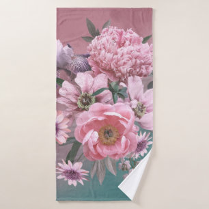 Floral template. Beautiful flowers peonies and iri Bath Towel