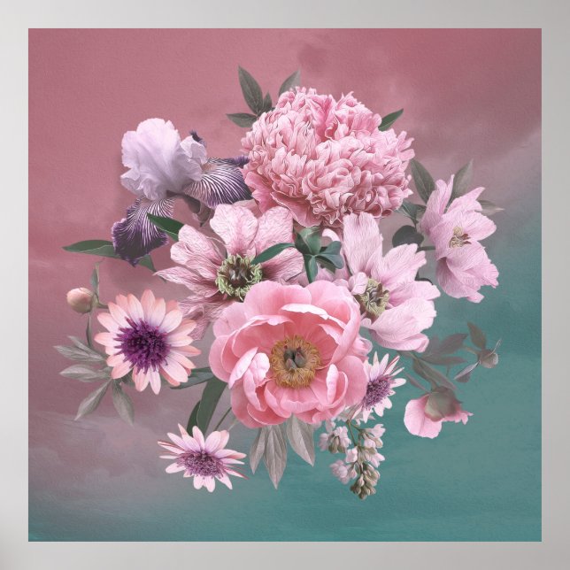 Floral template. Beautiful flowers peonies and iri Poster (Front)