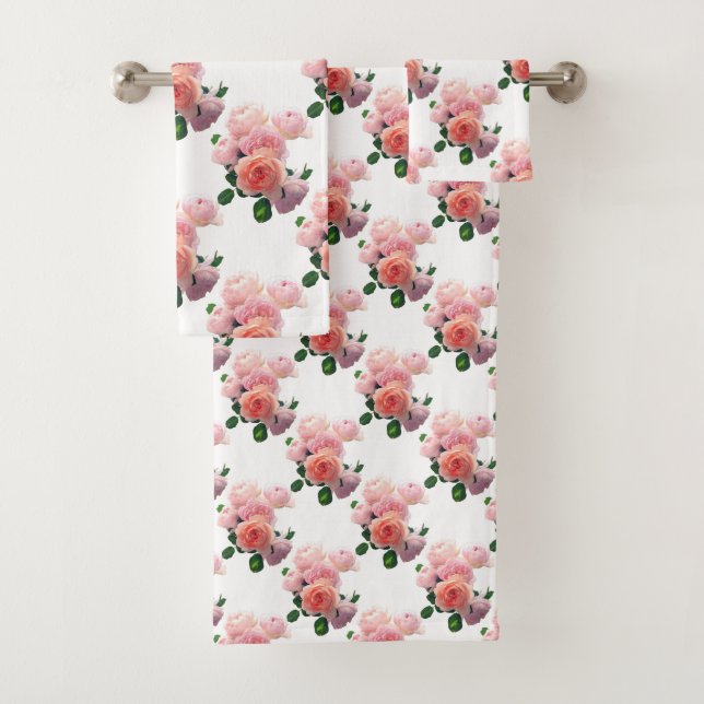 Floral Template Pink Red Roses Modern Elegant Bath Towel Set (Insitu)