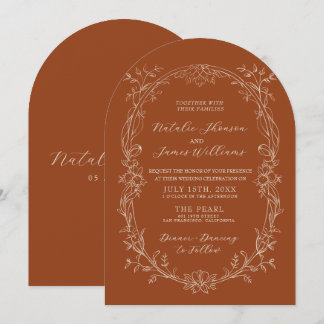Floral Terracotta Burnt Orange Arched Boho Wedding Invitation