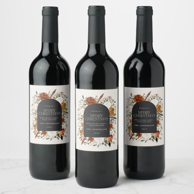 Floral terracotta Christmas botanical elegant Wine Wine Label (Bottles)