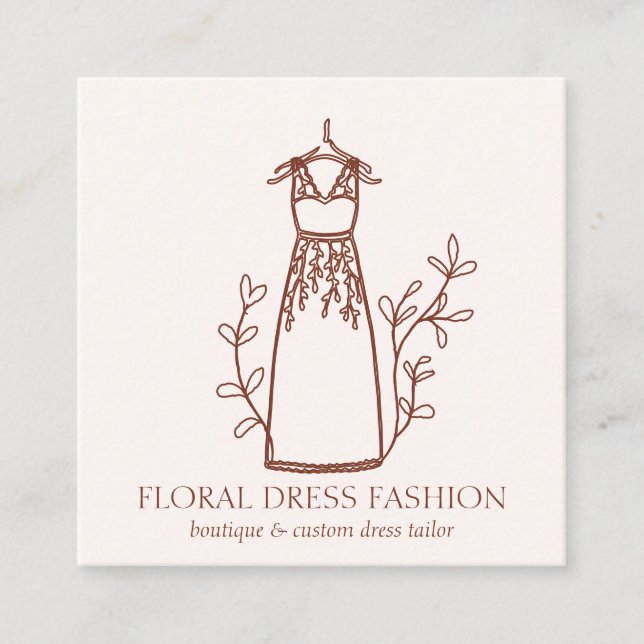 Floral Terracotta Fashion Dress Seamstress Tailor Square Business Card (Front)