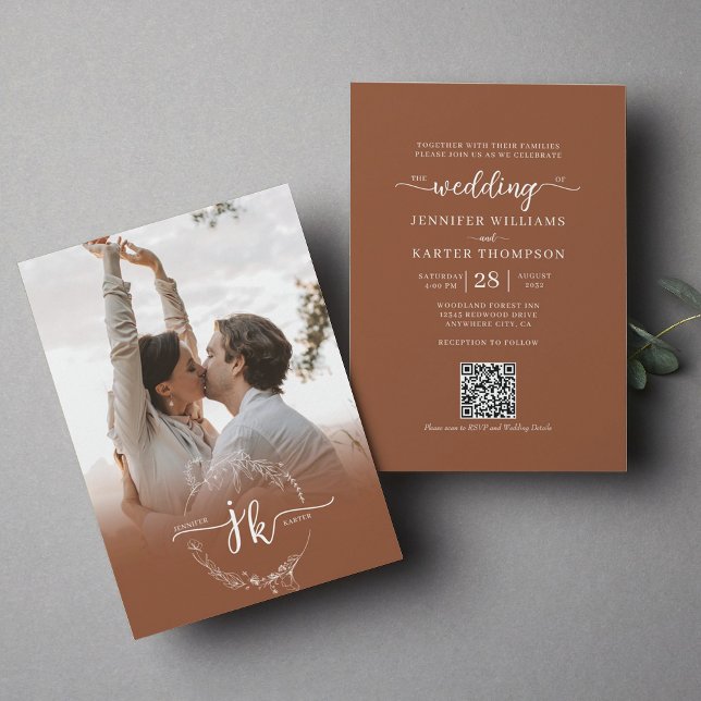 Floral Terracotta Monogram Photo QR Code Wedding  Invitation (Creator Uploaded)