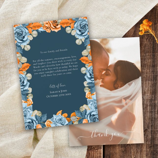 Floral Terracotta Navy Blue And Rust Wedding Photo Thank You Card (Creator Uploaded)