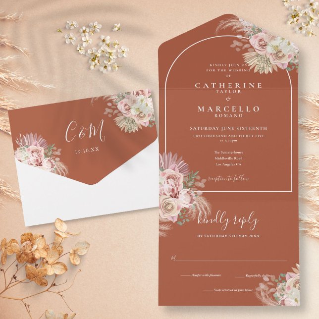 Floral Terracotta Pampas Grass Arch Wedding   All In One Invitation (Floral Terracotta Pampas Grass Arch Wedding All In One Invitation)