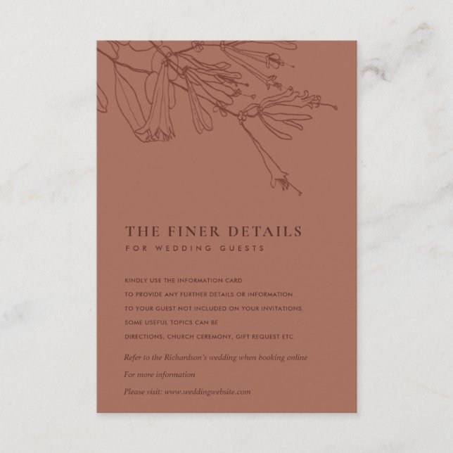 FLORAL TERRACOTTA RED LINE DRAWING WEDDING DETAIL ENCLOSURE CARD (Front)
