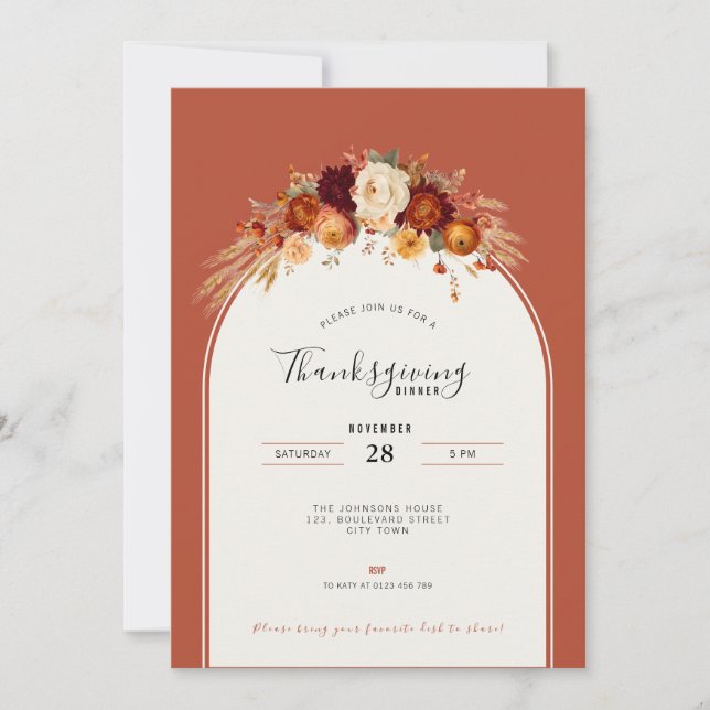 Floral Terracotta Thanksgiving Dinner Feast Party  Invitation (Front)