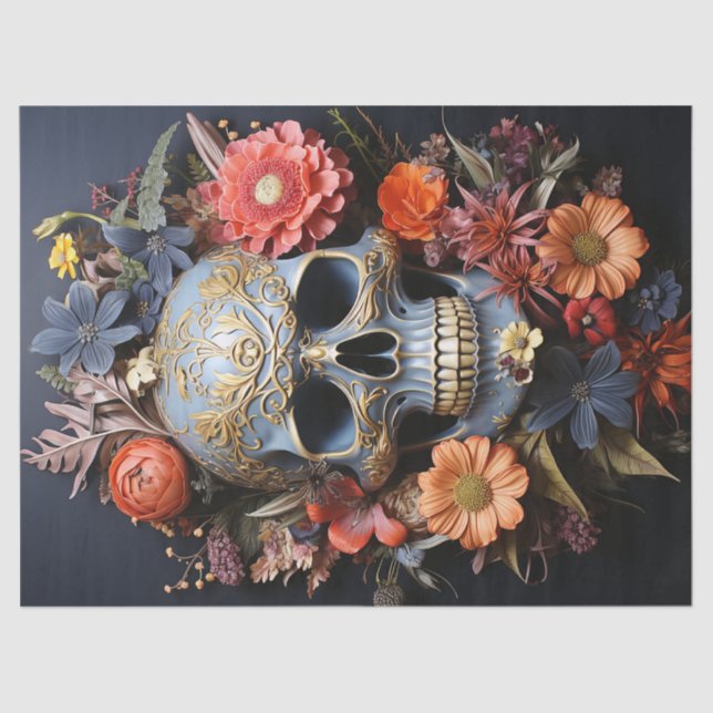 Floral Textrued Skull in Blue Decoupage Tissue Paper (Front)