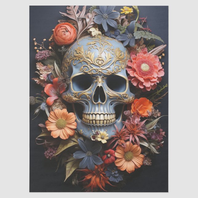 Floral Textrued Skull in Blue Decoupage Tissue Paper (Front)