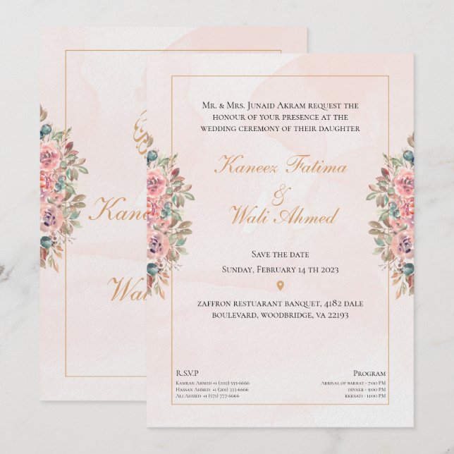 Floral & Textured Islamic Muslim Wedding I Invitation (Front/Back)