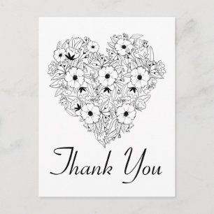 Floral Thank You Anemone Heart Black White Flower Postcard
