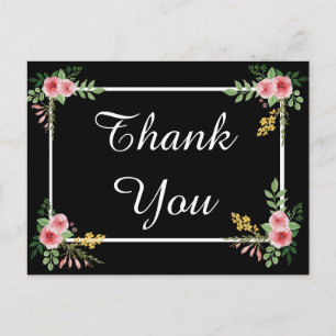 Floral Thank You Black and Pink Rose Flowers Postcard
