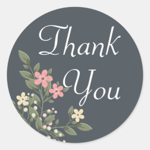 Floral Thank You Grey & Pink Flower Grey Wedding Classic Round Sticker