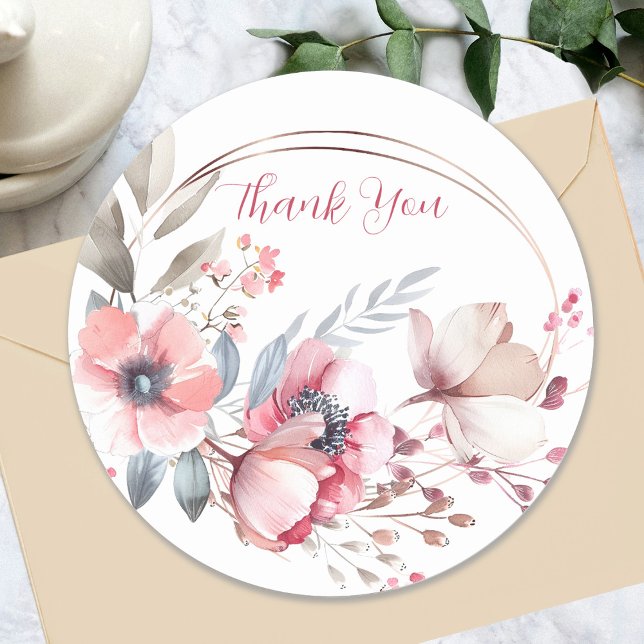 Floral Thank You in Script Text, Or Your Message Classic Round Sticker (Creator Uploaded)