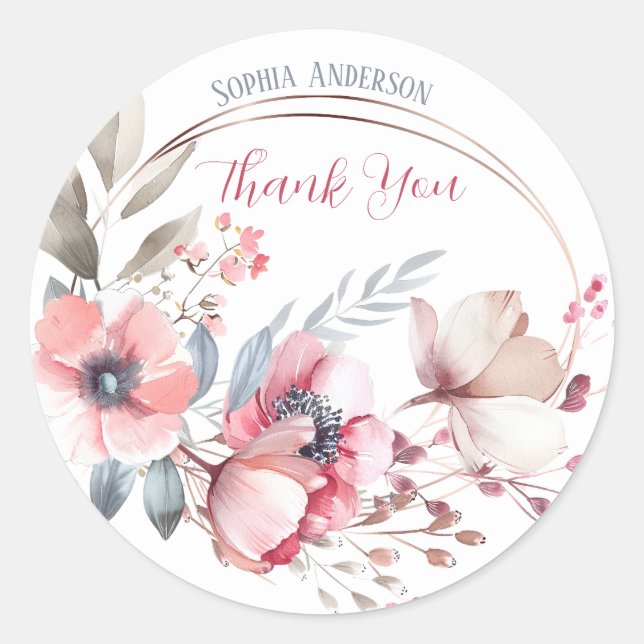 Floral Thank You in Script Text, Your Name Classic Round Sticker (Front)