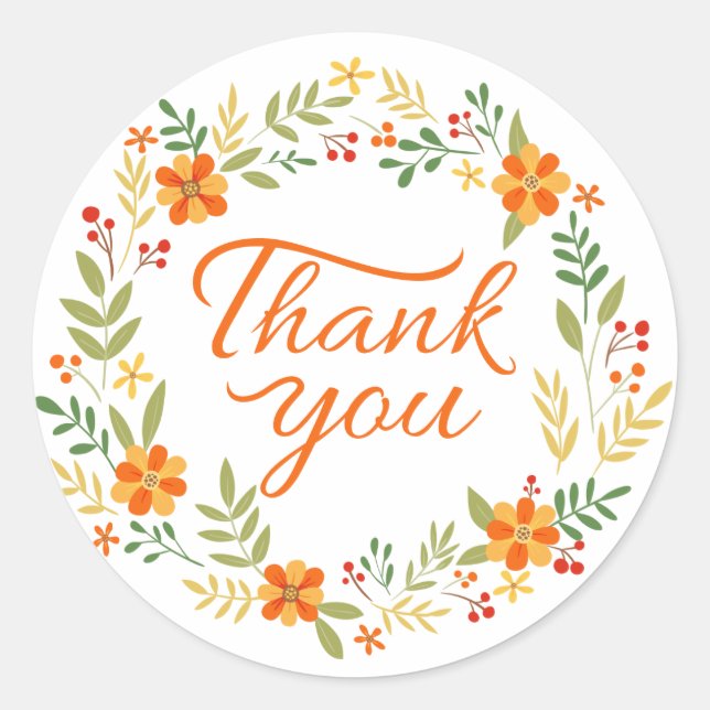 Floral Thank You Orange And Green Flowers Classic Round Sticker (Front)