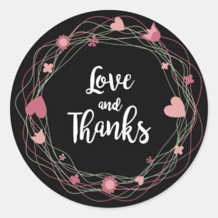 Floral Thank You Pink, Black Wreath Hearts Flowers Classic Round Sticker