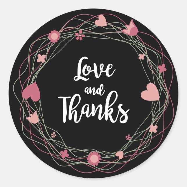 Floral Thank You Pink, Black Wreath Hearts Flowers Classic Round Sticker (Front)