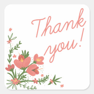 Floral Thank You Pink Flowers Coral Square Sticker