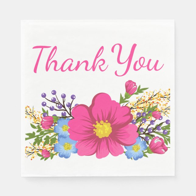 Floral Thank You Pink Magenta Watercolor Flowers Napkin (Front)