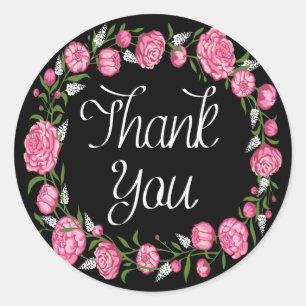 Floral Thank You  Pink Peony Flower Black Wedding Classic Round Sticker