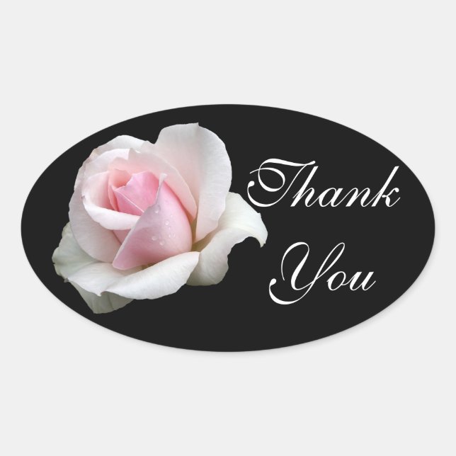 Floral Thank You Pink Rose Flower Black Wedding Oval Sticker (Front)