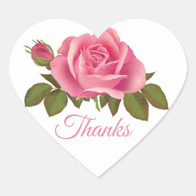 Floral Thank You Pink Rose Flower Wedding Party Heart Sticker (Front)