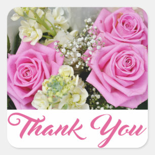 Floral Thank You Pink Rose Flowers - Wedding Party Square Sticker
