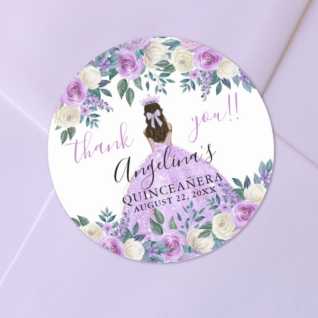Floral Thank You Purple Quinceanera Classic Round Sticker (Floral Thank You Purple Quinceanera Classic Round Sticker)