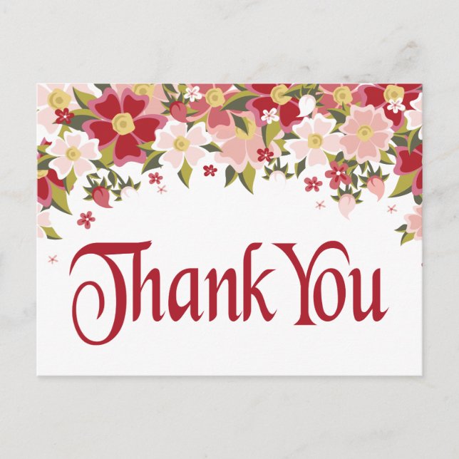 Floral Thank You Red Burgundy & Pink Flower Postcard (Front)