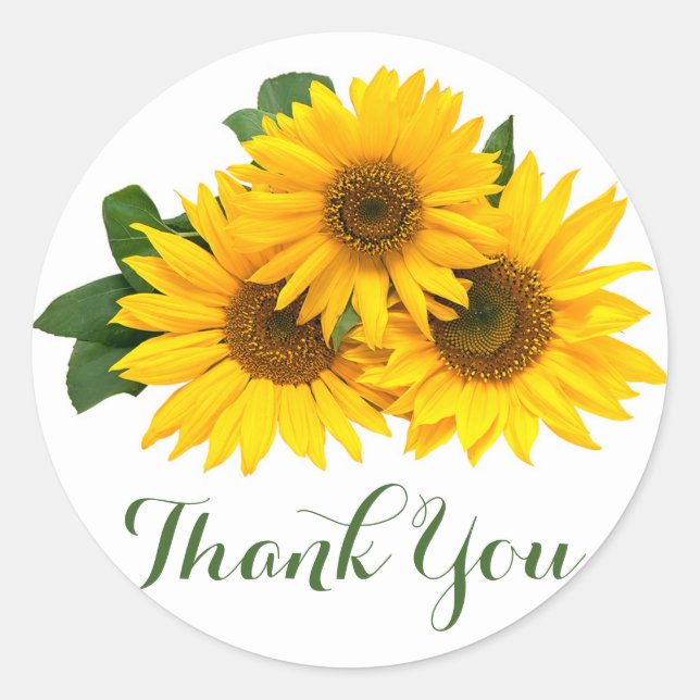 Floral Thank You Sunflowers Yellow & Green Flowers Classic Round Sticker (Front)