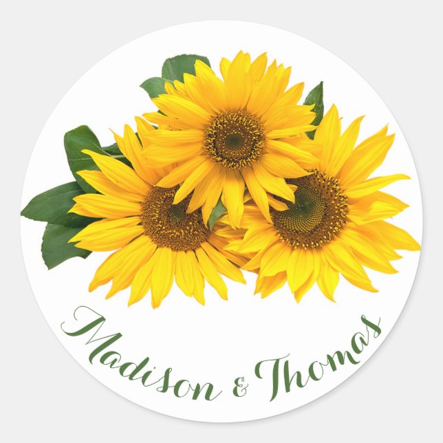 Floral Thank You Sunflowers Yellow & Green Wedding Classic Round Sticker (Front)