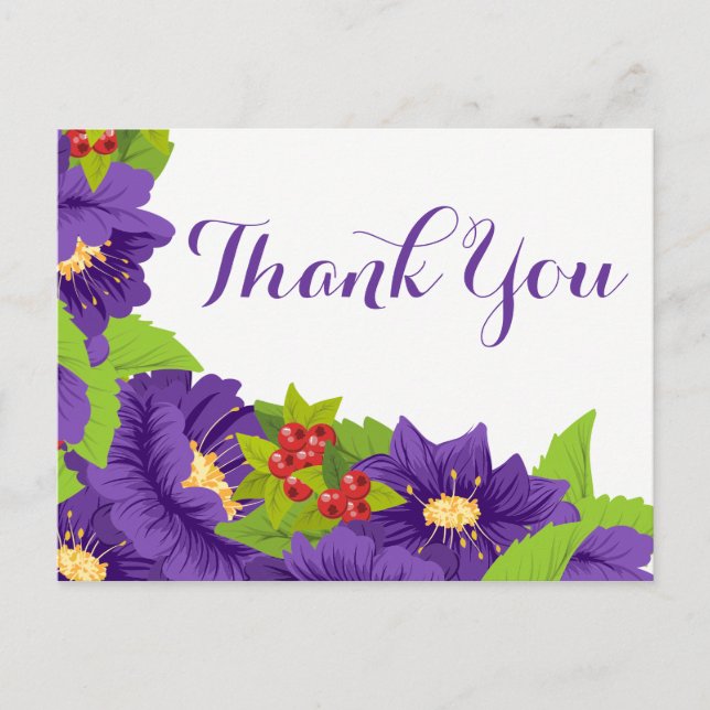 Floral Thank You Watercolor Purple Flowers Postcard (Front)