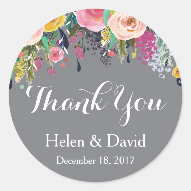 Floral Thank You Wedding Favour Stickers Grey (Front)