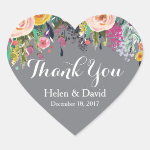 Floral Thank You Wedding Favour Stickers Grey