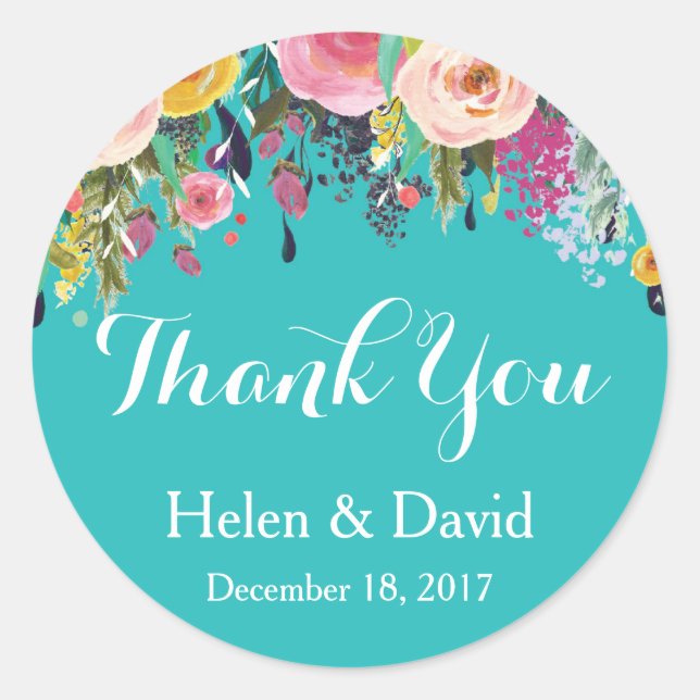 Floral Thank You Wedding Favour Stickers Teal (Front)