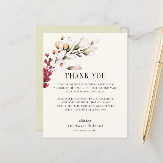 Floral Thank You Wedding Reception Card (Front/Back In Situ)