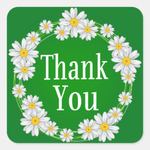 Floral Thank You White Daisy Green Flower Square Sticker