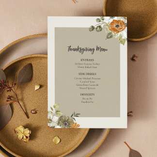 Floral Thanksgiving Dinner Menu Printable Template