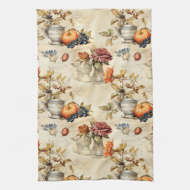Floral Thanksgiving Vintage Pattern (7) Tea Towel (Vertical)