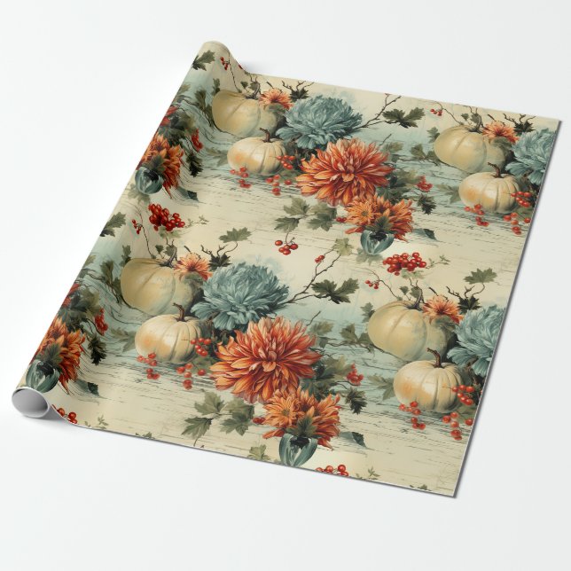 Floral Thanksgiving Vintage Pattern Wrapping Paper (Unrolled)